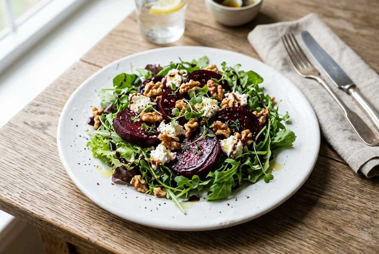A wide plate of mixed dark greens topped with deep magenta roasted beet wedges, crumbled white goat cheese, and roughly chopped toasted walnuts, with a honey balsamic dressing pooling around the edges.