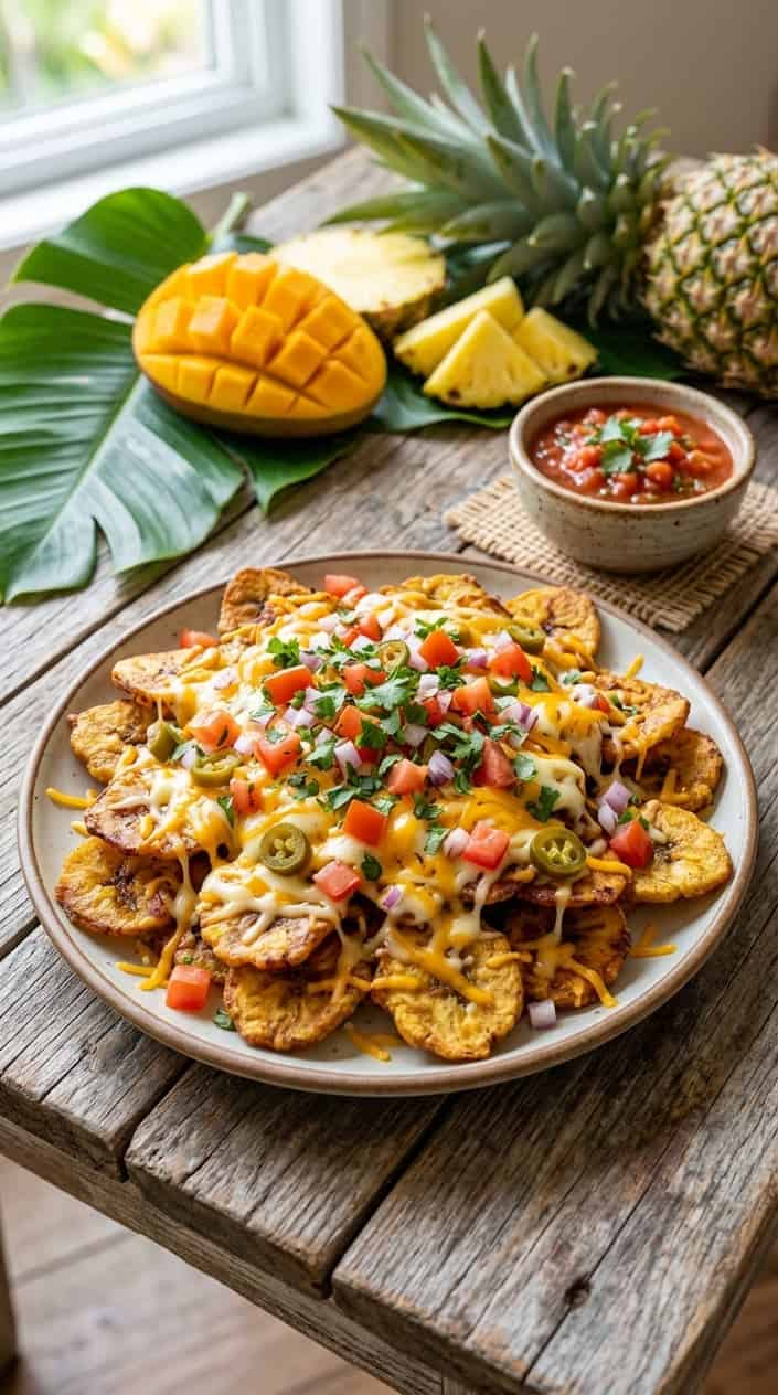 A sheet pan of roasted plantain slices topped with melted cheddar, black beans, and corn, with a small ceramic bowl of red salsa and a sprinkle of cilantro on a wood surface.