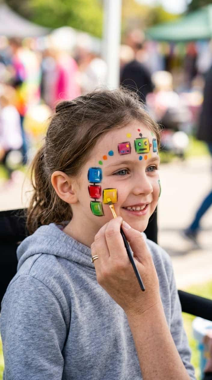 A child smiling while an adult paints colorful robot panel squares on their face using a single brush.