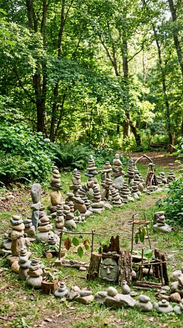 A peaceful outdoor garden with balanced stacks of rocks and temporary sculptures made from natural materials among grass and trees.