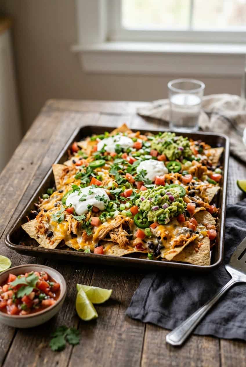 A large sheet pan loaded with golden tortilla chips topped with shredded rotisserie chicken, melted cheddar, black beans, corn, sliced jalapeños, and a swirl of sour cream, photographed on a rustic wooden table.