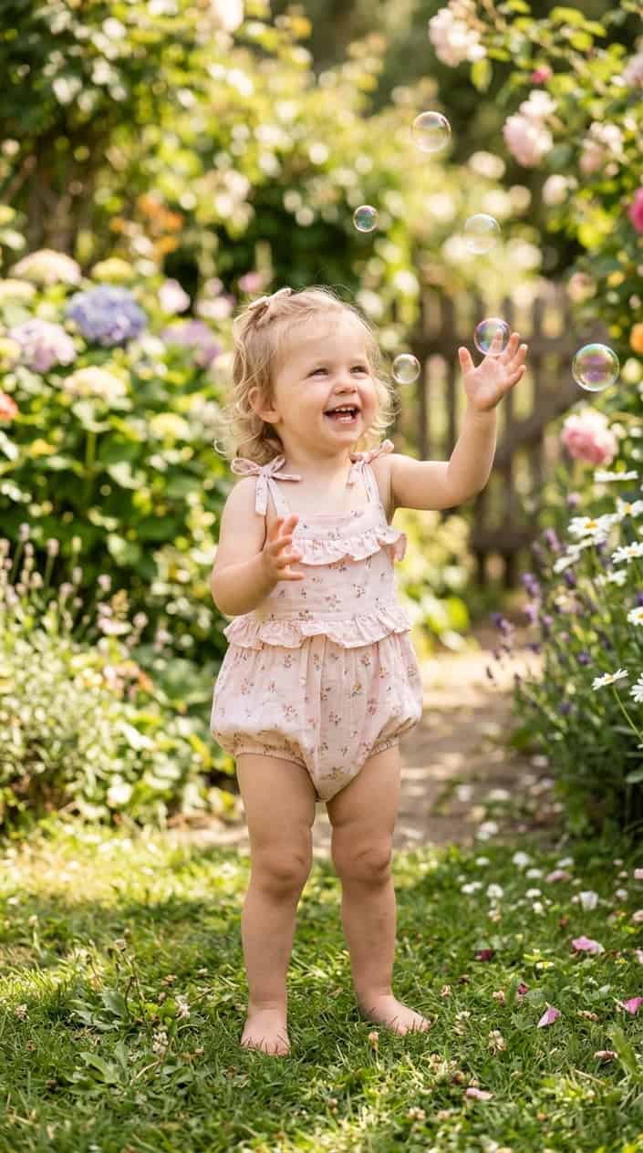 12 Cute Summer Dress Ideas for Toddler Girls Who Hate Wearing Dresses 8 A toddler girl outdoors wearing a ruffled cotton onesie with adjustable straps, smiling and playing in a garden.