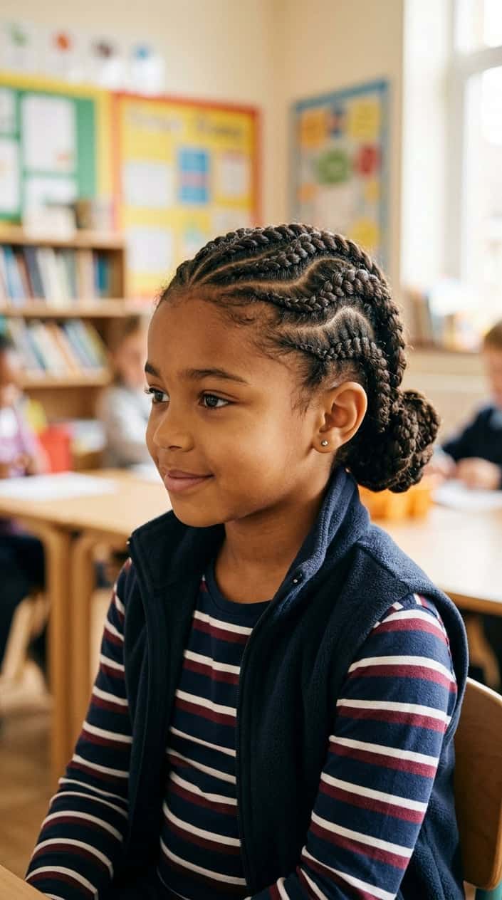 A young girl with thick hair styled in detailed braids, smiling indoors with a softly blurred background.