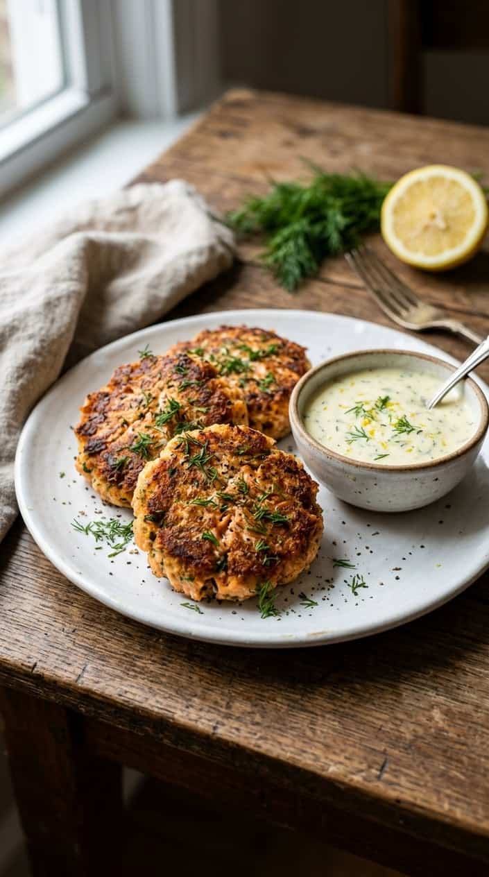 Plate of golden salmon patties with a bowl of lemon-dill sauce, garnished with fresh dill on a wooden table.