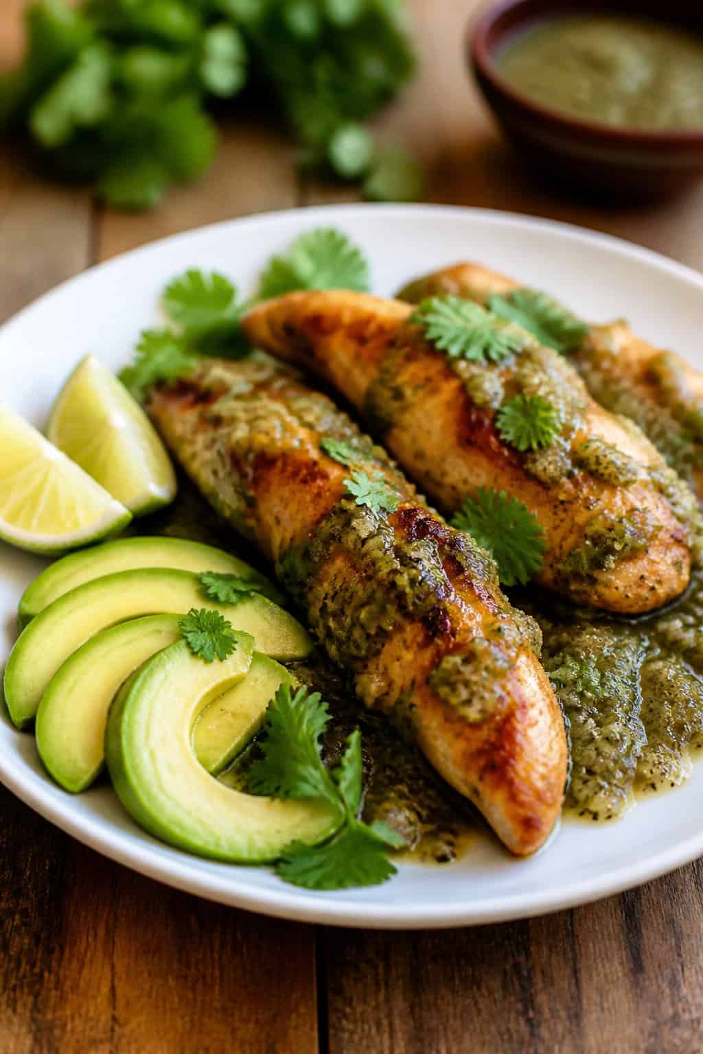 A plate of crispy chicken tenders topped with green salsa verde sauce, served with sliced avocado and garnished with cilantro and lime wedges on a wooden table.