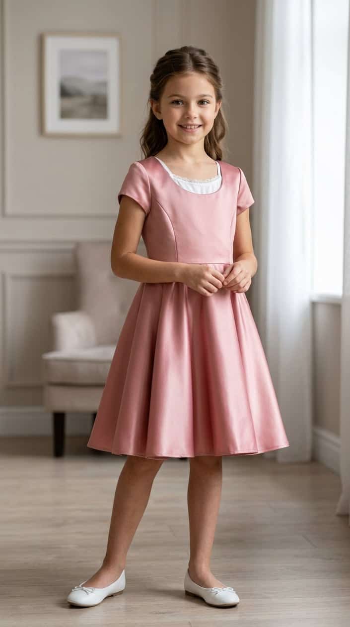 A young girl standing indoors wearing a shiny satin party dress with an attached camisole, smiling confidently.