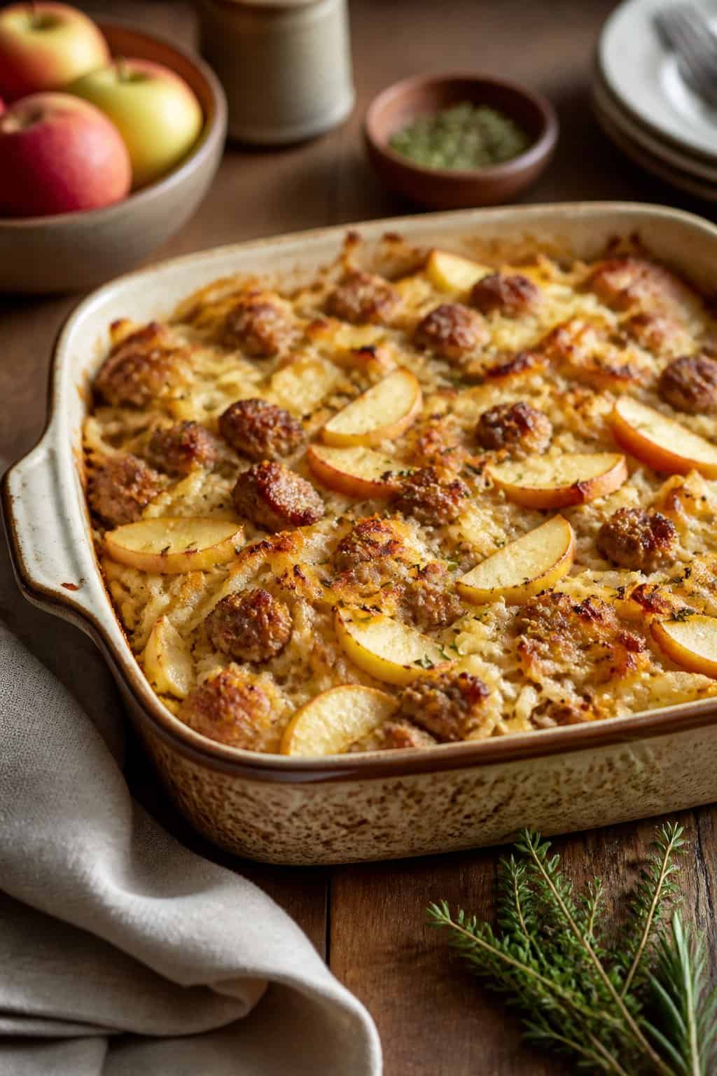 A freshly baked sausage, apple, and hashbrown casserole in a rustic baking dish on a wooden table with fresh apples and herbs nearby.