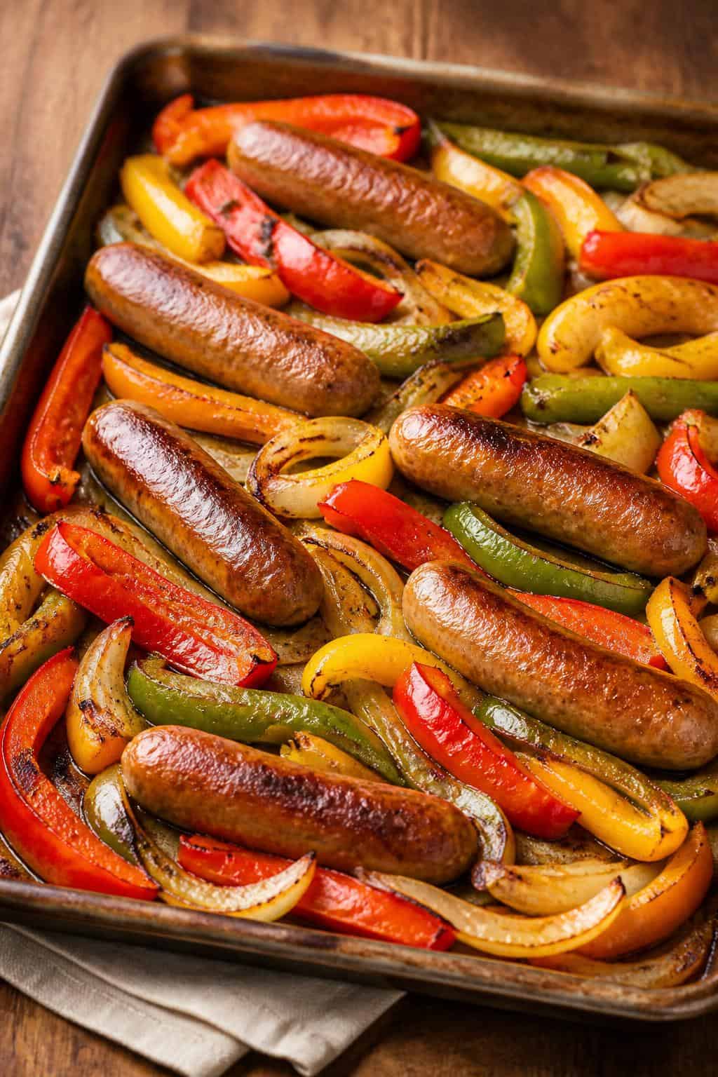 Sliced smoked sausage rounds roasted alongside strips of red, yellow, and green bell peppers and caramelized onion rings on a foil-lined sheet pan resting on a wooden table.