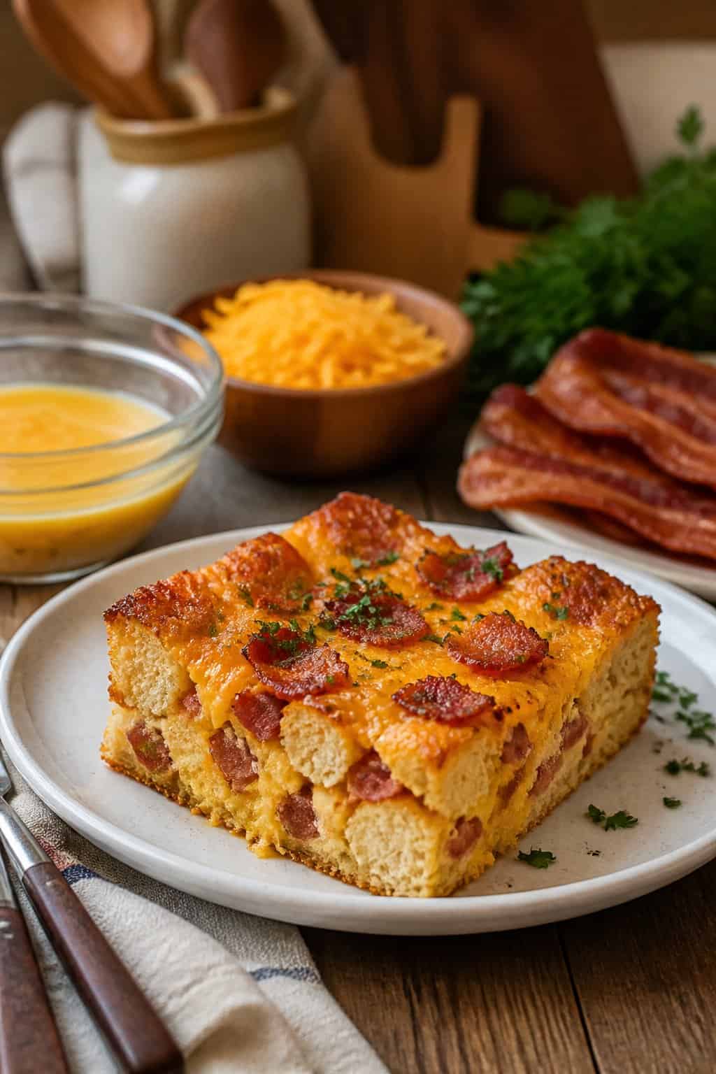 A square slice of cheddar and bacon French toast strata on a white plate, garnished with fresh chives, with a wooden table and ingredients visible in the background.