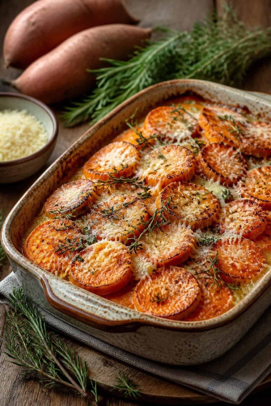 Sweet Potato Casseroles That Feed a Crowd 4 A baked sweet potato casserole topped with melted cheese and fresh herbs in a ceramic dish on a wooden table.
