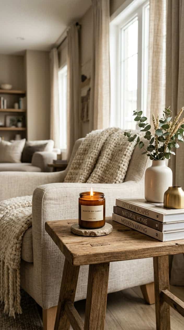 A lit scented soy candle on a wooden table surrounded by minimalistic decor in a cozy, softly lit living room.
