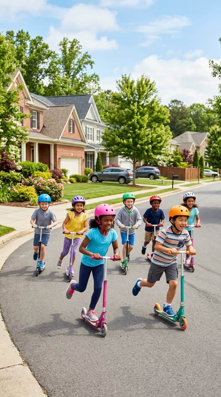 Children riding scooters around a neighborhood street on a sunny day, smiling and having fun.
