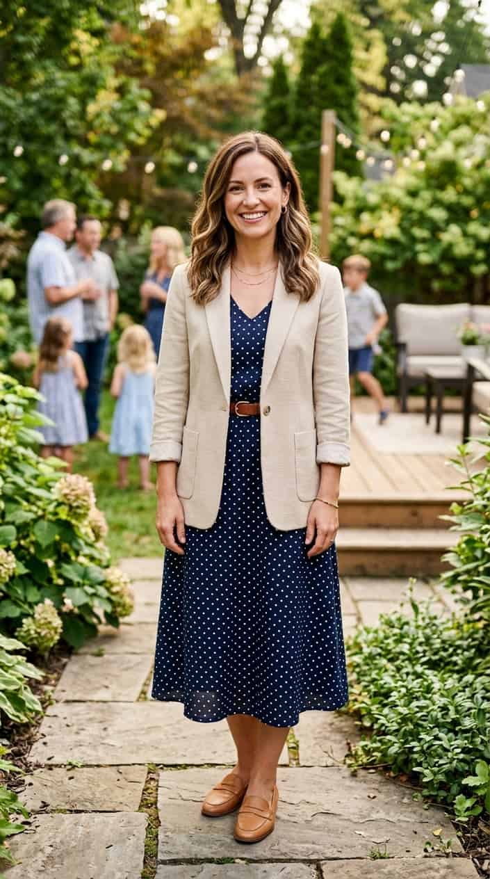 Summer Family Picture Outfits That Coordinate Without Looking Matchy 22 A woman wearing a navy polka-dot dress and beige blazer smiling outdoors in a summer setting.