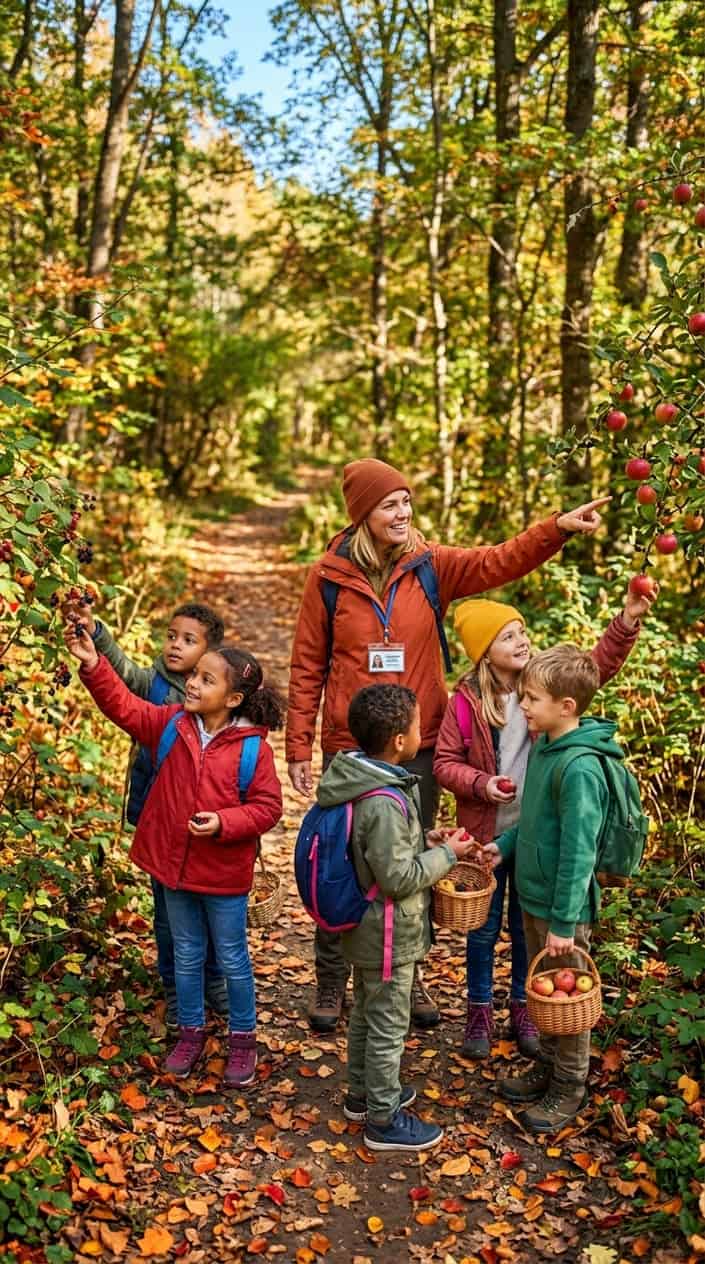 Children on a guided walk in a forest picking seasonal fruits from trees and bushes.