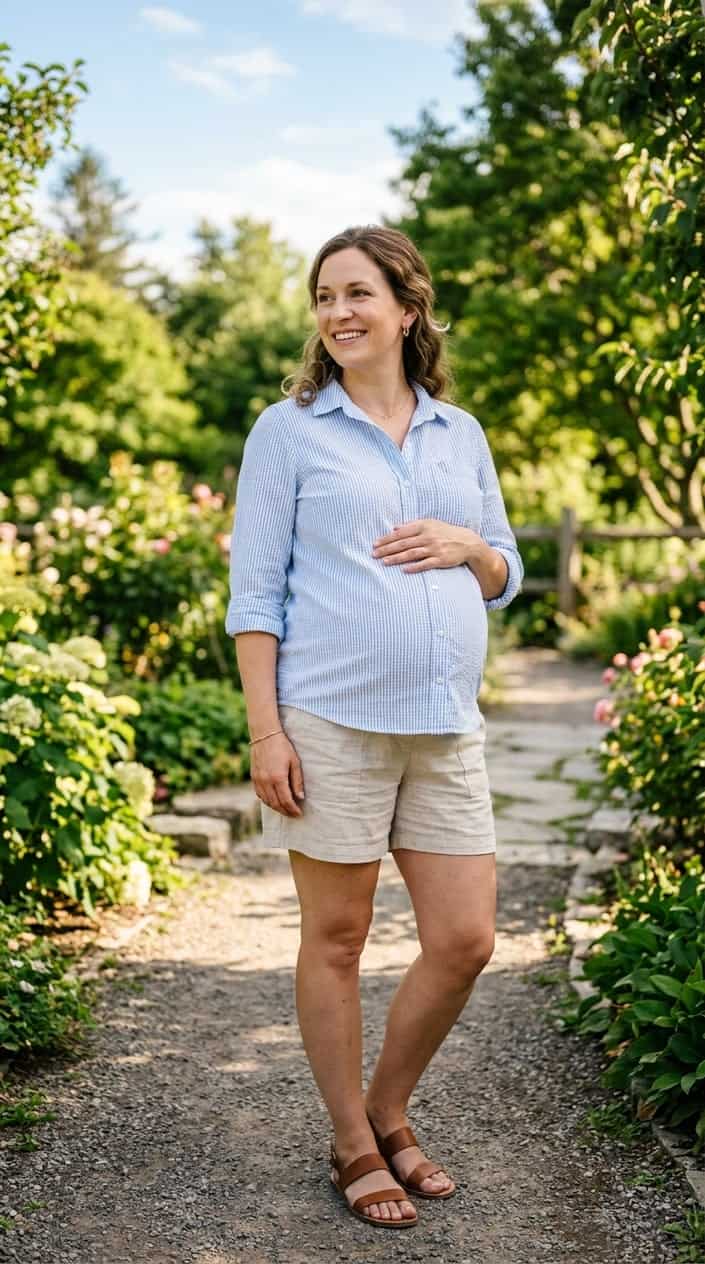 Pregnancy Outfits for a Hot Summer 4 Pregnant woman outdoors wearing a striped button-down shirt and maternity shorts, gently holding her baby bump and smiling.