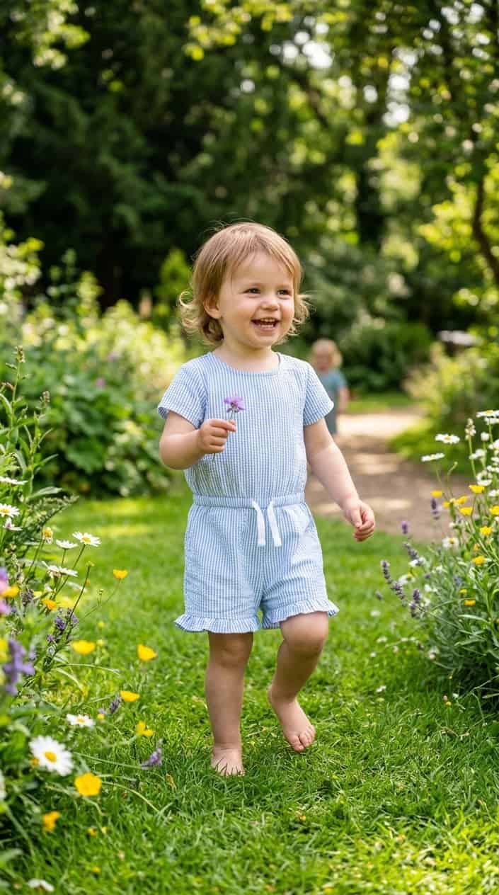 12 Cute Summer Dress Ideas for Toddler Girls Who Hate Wearing Dresses 11 A toddler girl playing outside on grass wearing a striped playsuit on a sunny day.