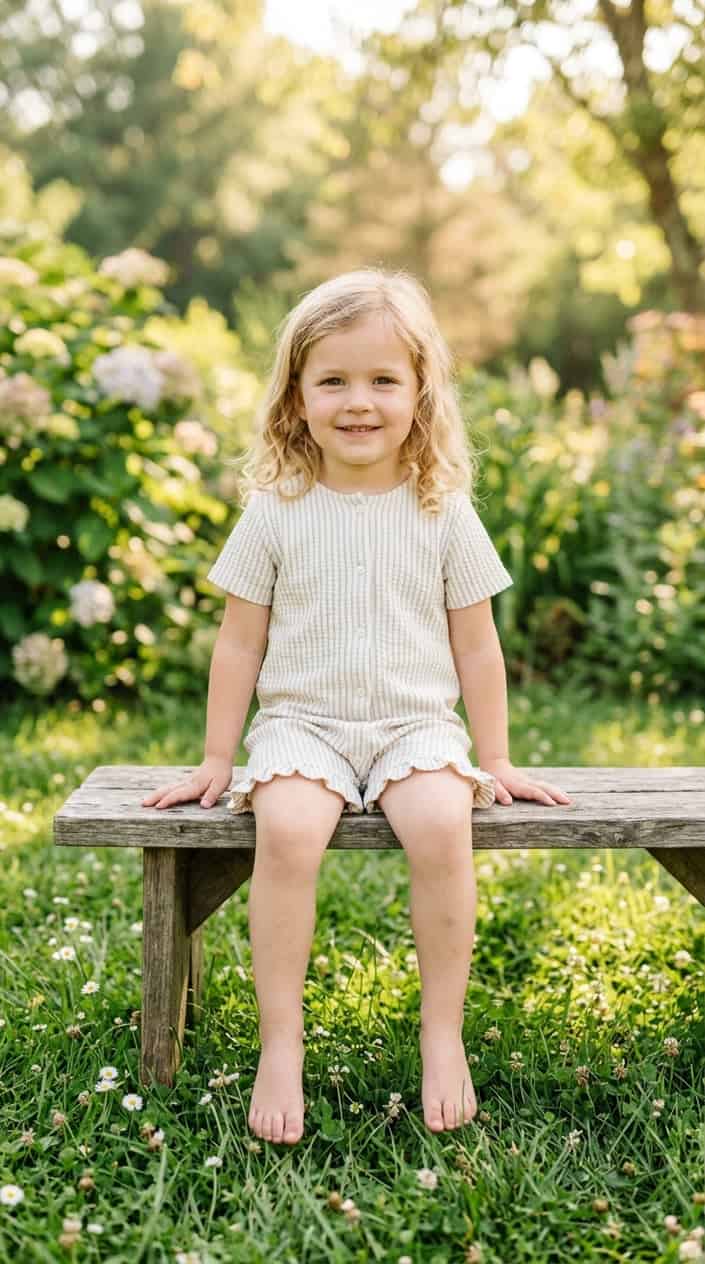Little Girl Outfits She Won't Refuse to Wear 5 A young girl outdoors wearing a light-colored romper with snap buttons, smiling and sitting on a bench in a grassy area.