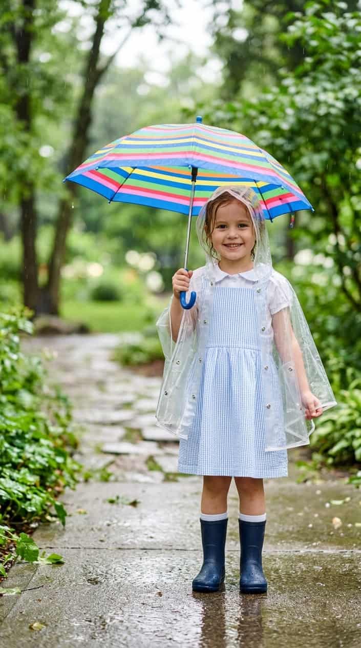 Little Girl Dress Styles for a Rainy Birthday Party 4 A young girl wearing a striped dress and clear rain cape stands outdoors in the rain holding an umbrella.