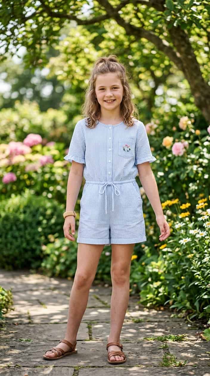 18 Tween Girl Outfits for the Summer They Outgrow Every Shirt 9 A young girl wearing a striped summer romper stands outdoors smiling with greenery in the background.