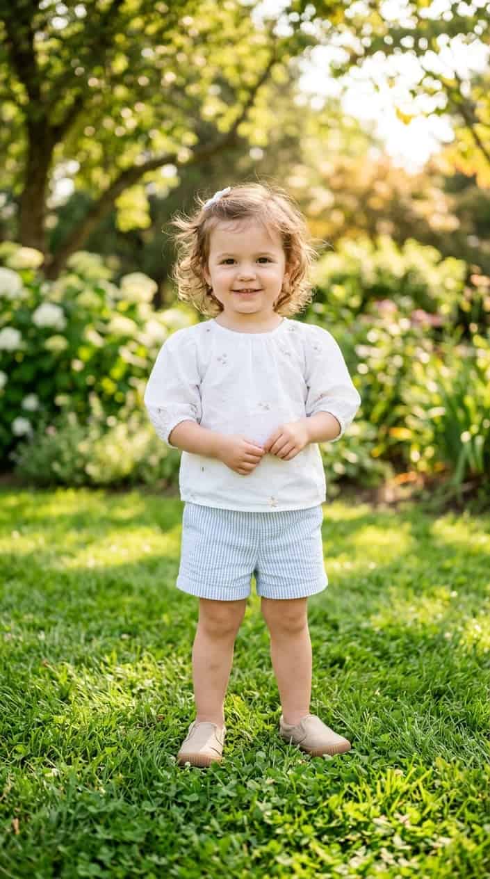 Easy Mix-and-Match Toddler Girl Summer Outfits 14 A toddler girl standing outdoors wearing striped shorts, a white puff-sleeve blouse, and canvas slip-on shoes.
