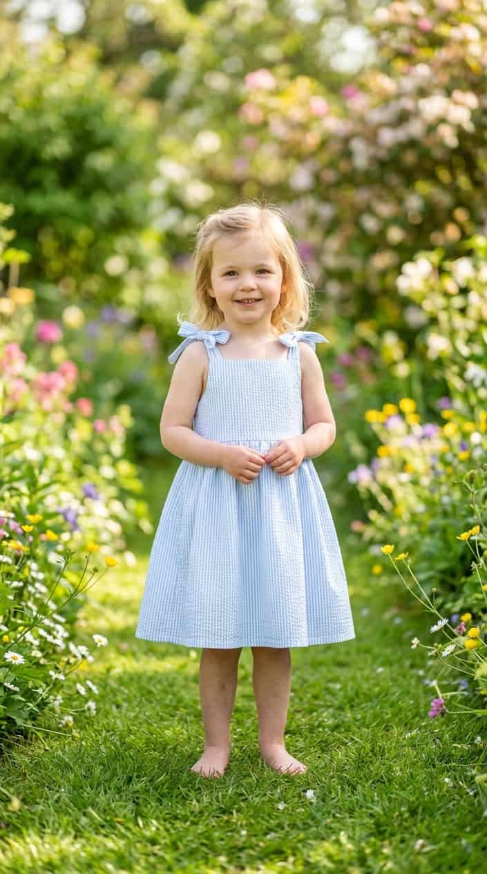 A young child standing outdoors in a sunny garden, smiling and wearing a light blue and white dress with bow straps.