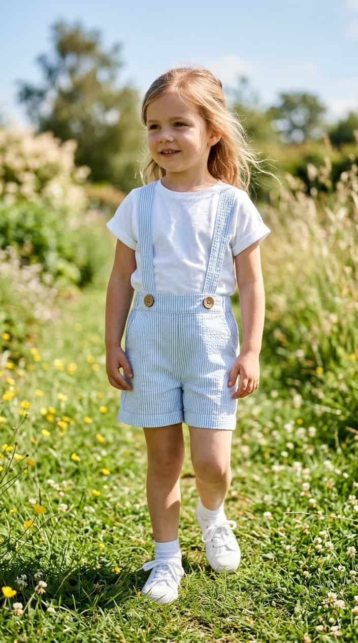 Retro-Inspired Summer Outfits for Girls 15 A young girl standing outdoors wearing seersucker suspender shorts with wooden buttons and a white blouse on a sunny summer day.