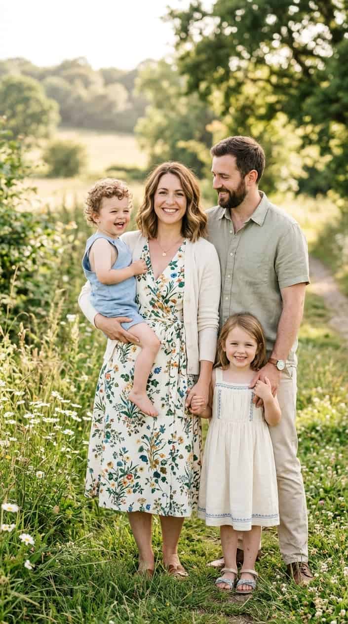 Summer Family Picture Outfits That Coordinate Without Looking Matchy 6 A mother wearing a floral wrap dress with a light cardigan stands outdoors with her family dressed in coordinated summer outfits.