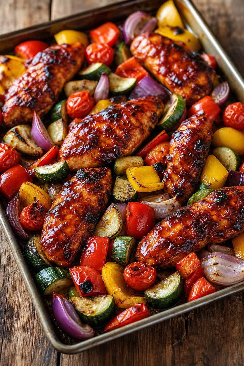 18 Chicken Tenderloin Recipes for Weeknight Dinners 9 A foil-lined sheet pan with saucy BBQ chicken tenderloins on one side and roasted broccoli, red bell pepper, and baby carrots on the other.