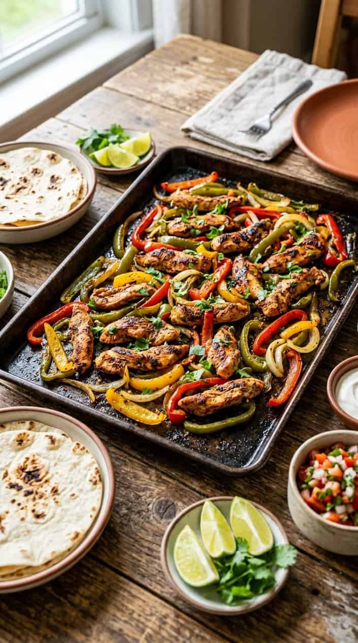20 Easy Kid-Friendly Meals Made From Scratch 2 A sheet pan filled with cooked chicken fajitas including grilled chicken strips, bell peppers, and onions, with tortillas and lime wedges on the side.