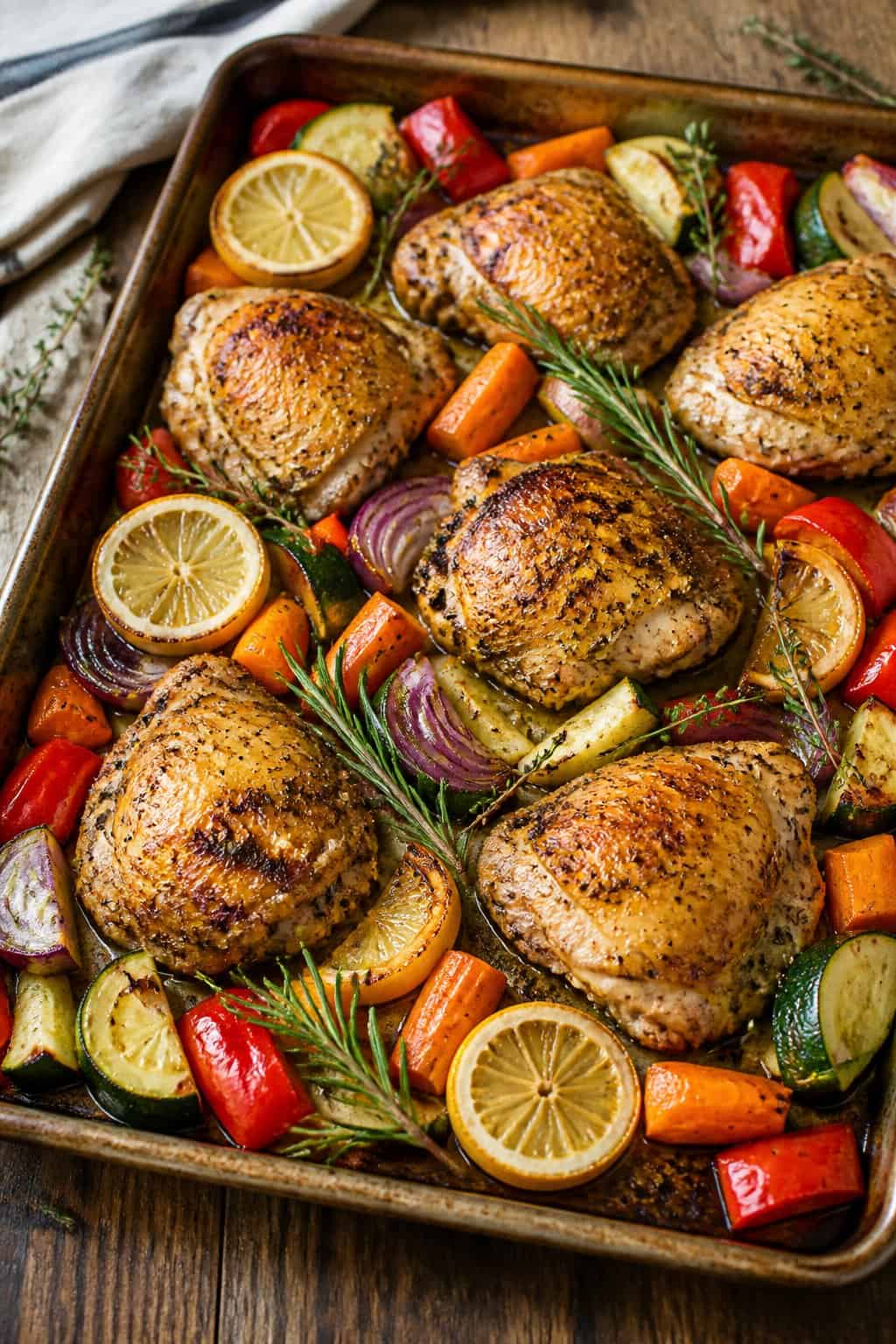 15 Boneless Skinless Chicken Thigh Recipes for Busy Weeknights 3 A foil-lined sheet pan loaded with lemon herb chicken thighs surrounded by roasted carrots, zucchini slices, and bright red bell pepper strips.