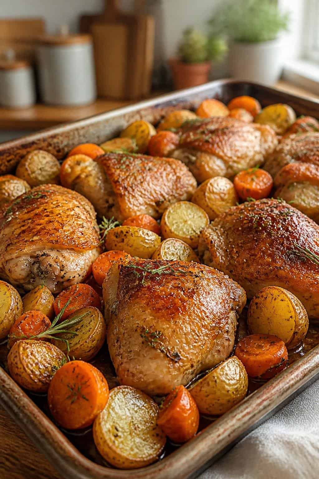 Golden roasted chicken thighs with crispy skin resting on a bed of halved baby potatoes and carrot sticks on a well-seasoned rimmed metal baking sheet.