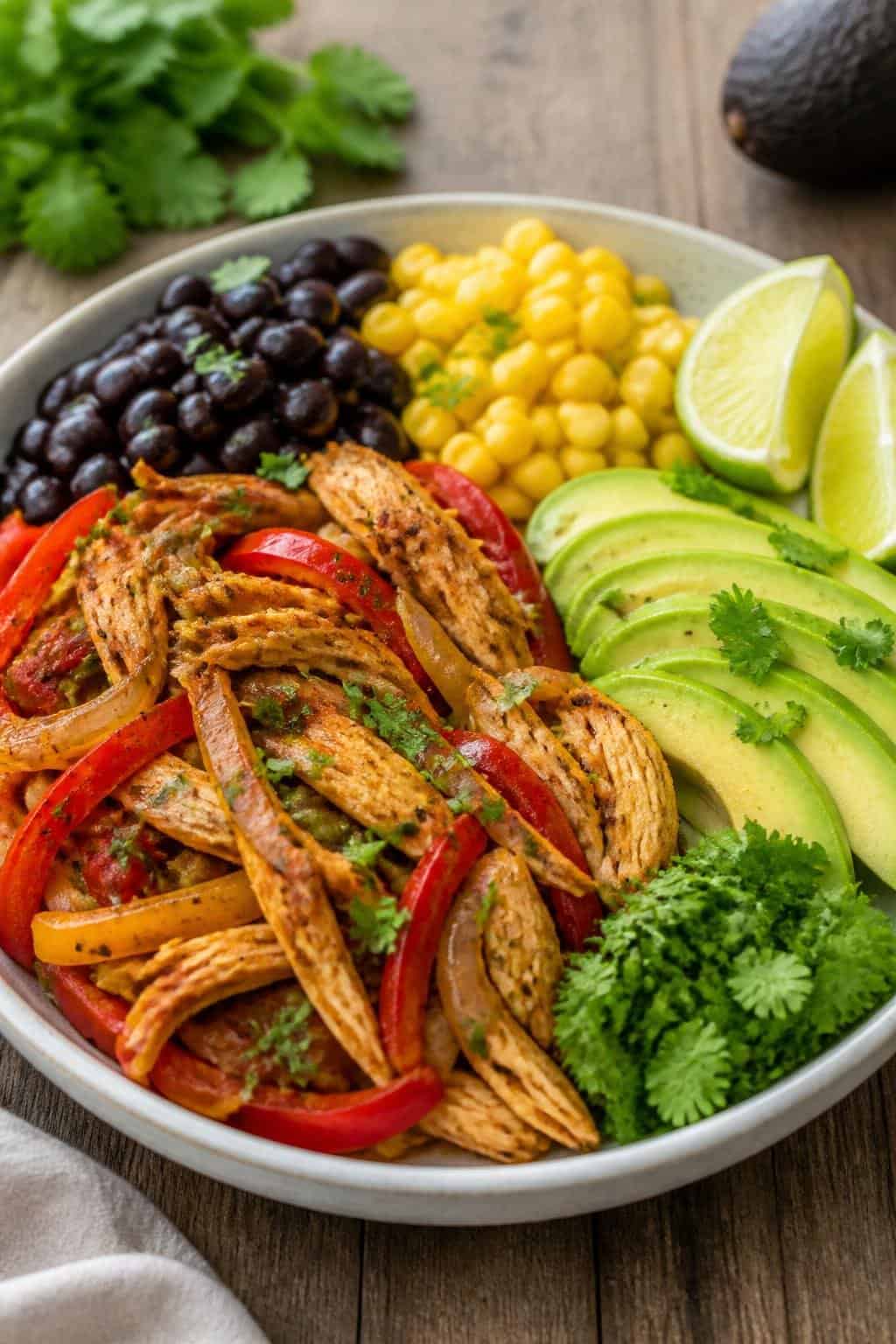 A colorful fajita bowl on a wooden table with strips of roasted red and yellow bell pepper, caramelized onion, shredded spiced chicken, sliced avocado, black beans, corn, and a lime wedge.