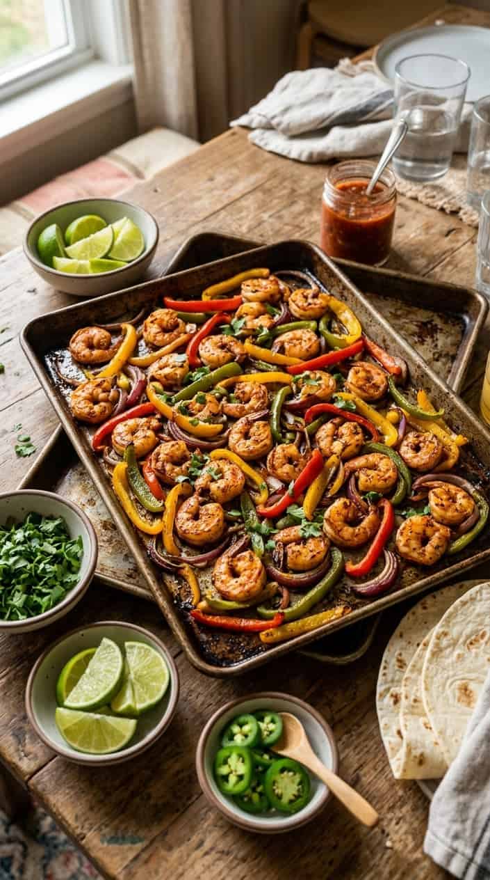 21 No-Heat Summer Dinner Recipes 4 A sheet pan filled with cooked shrimp, colorful bell peppers, and onions on a wooden table with bowls of lime wedges, cilantro, and jalapeños nearby.