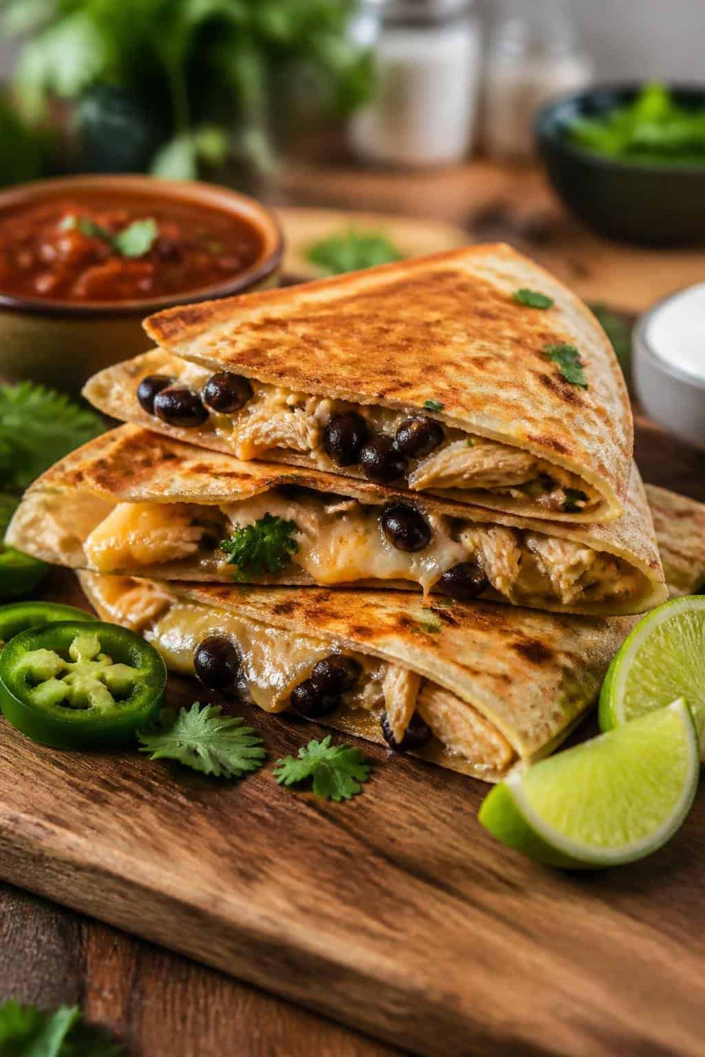 A wooden cutting board with golden-brown folded quesadillas sliced into wedges, showing a melted cheese and shredded chicken filling, with small bowls of salsa, sour cream, and lime wedges nearby.