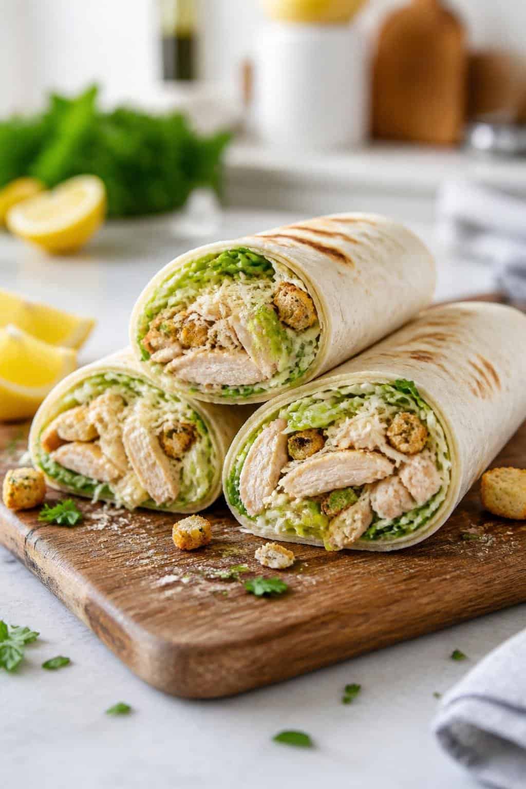 A wooden board with two shredded chicken Caesar salad wraps sliced on the diagonal, showing layers of romaine, Parmesan, and creamy dressing, with lemon wedges and a small pile of extra croutons alongside.
