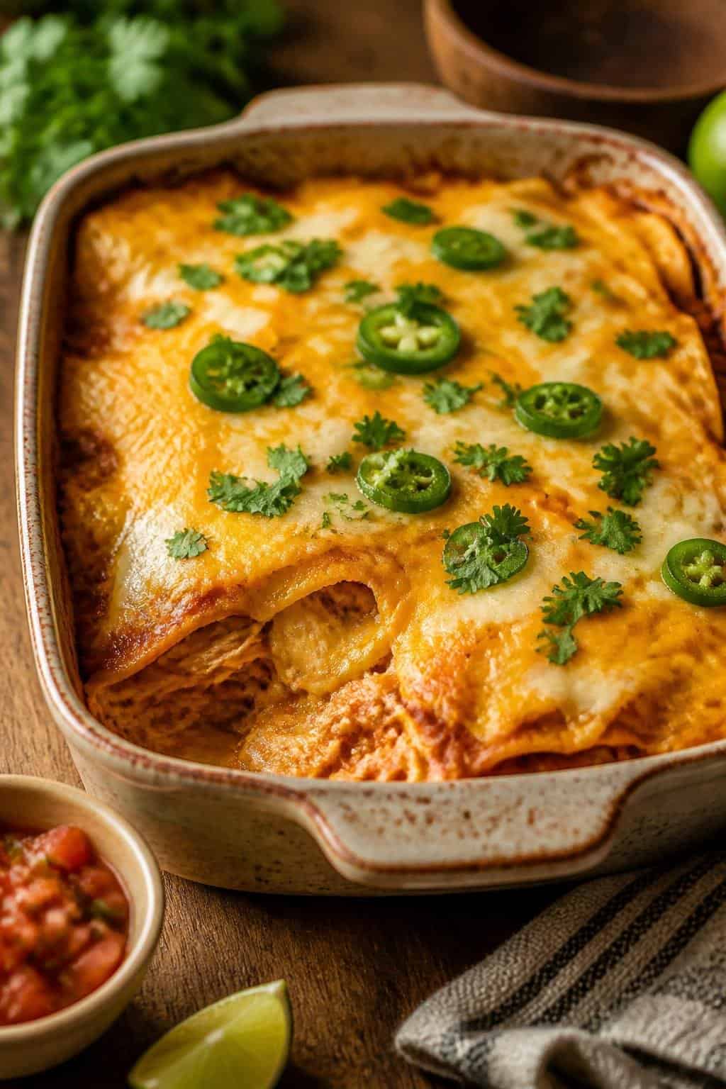 A rectangular baking dish of shredded chicken enchilada casserole fresh from the oven, with bubbly melted cheese on top and thin slices of jalapeño and a scattering of fresh cilantro leaves.