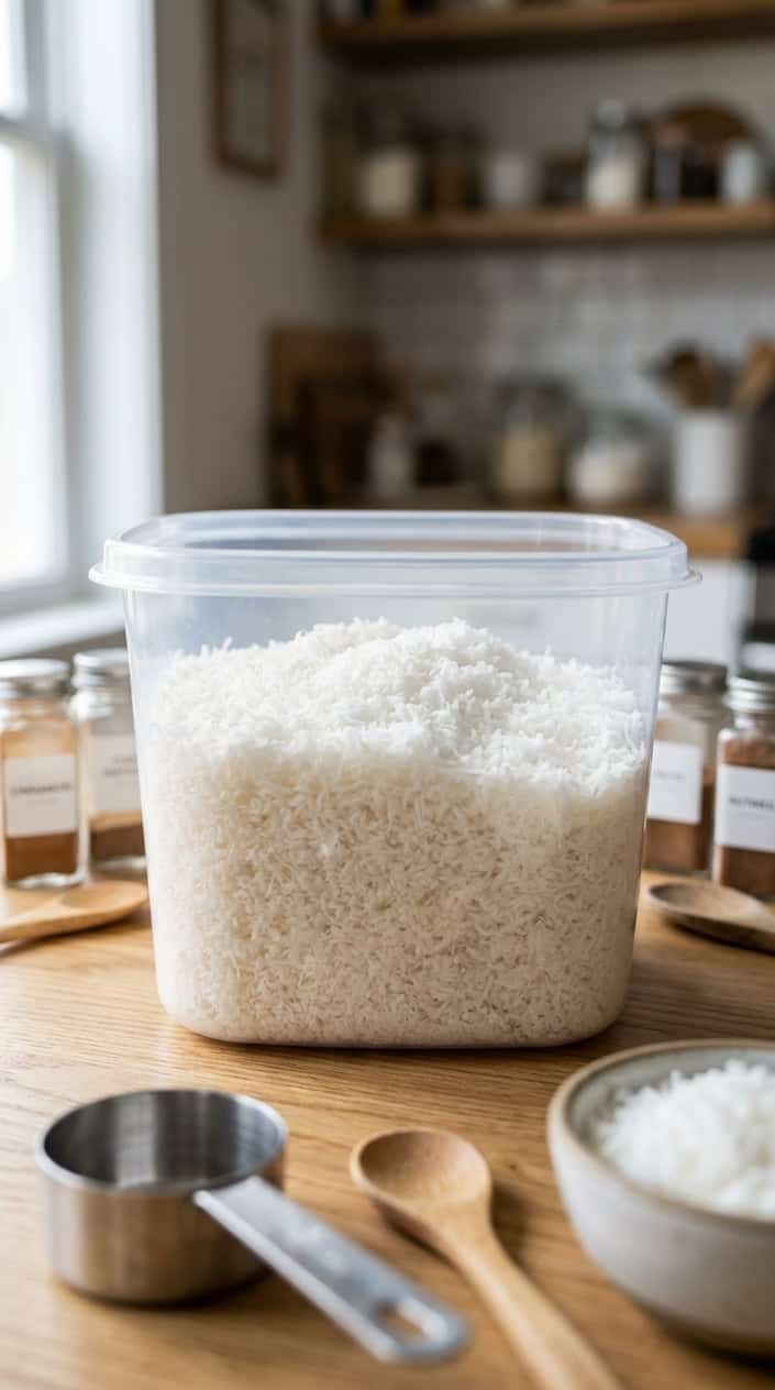Close-up of a clear container filled with fluffy white shredded coconut resembling snow, surrounded by kitchen utensils and jars.