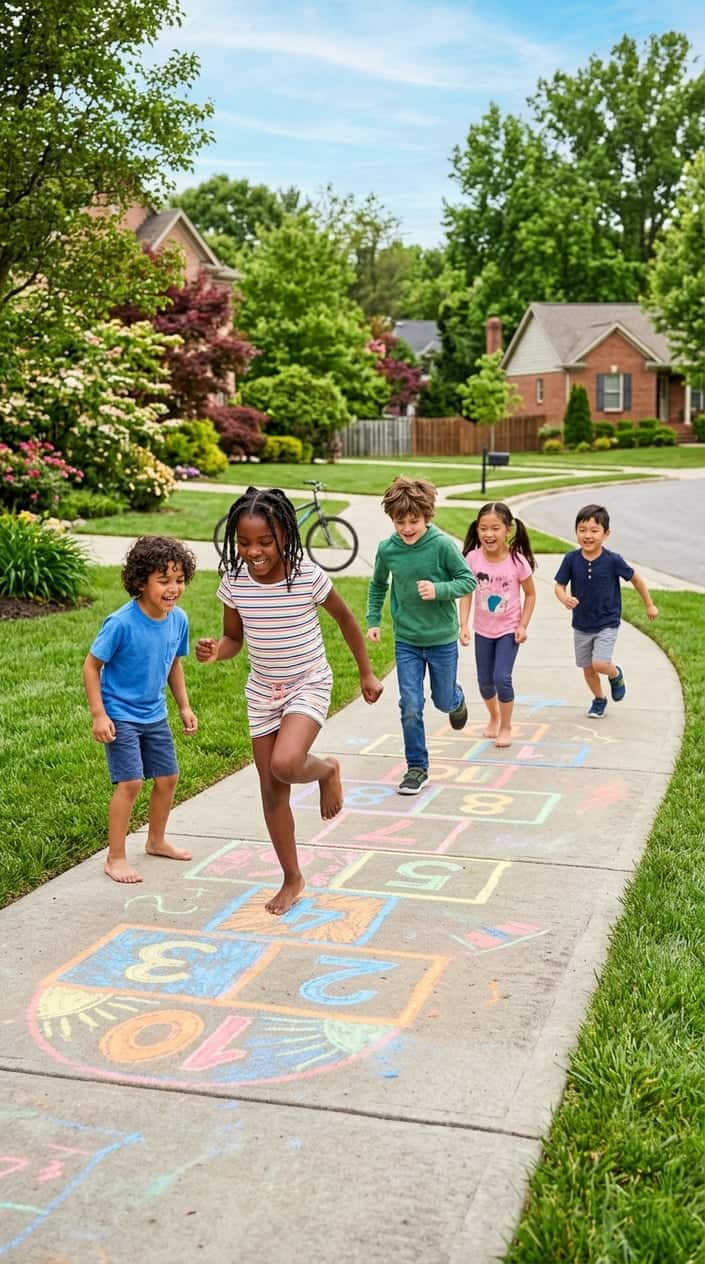 Children playing hopscotch on a sidewalk with colorful chalk drawings on a sunny day.