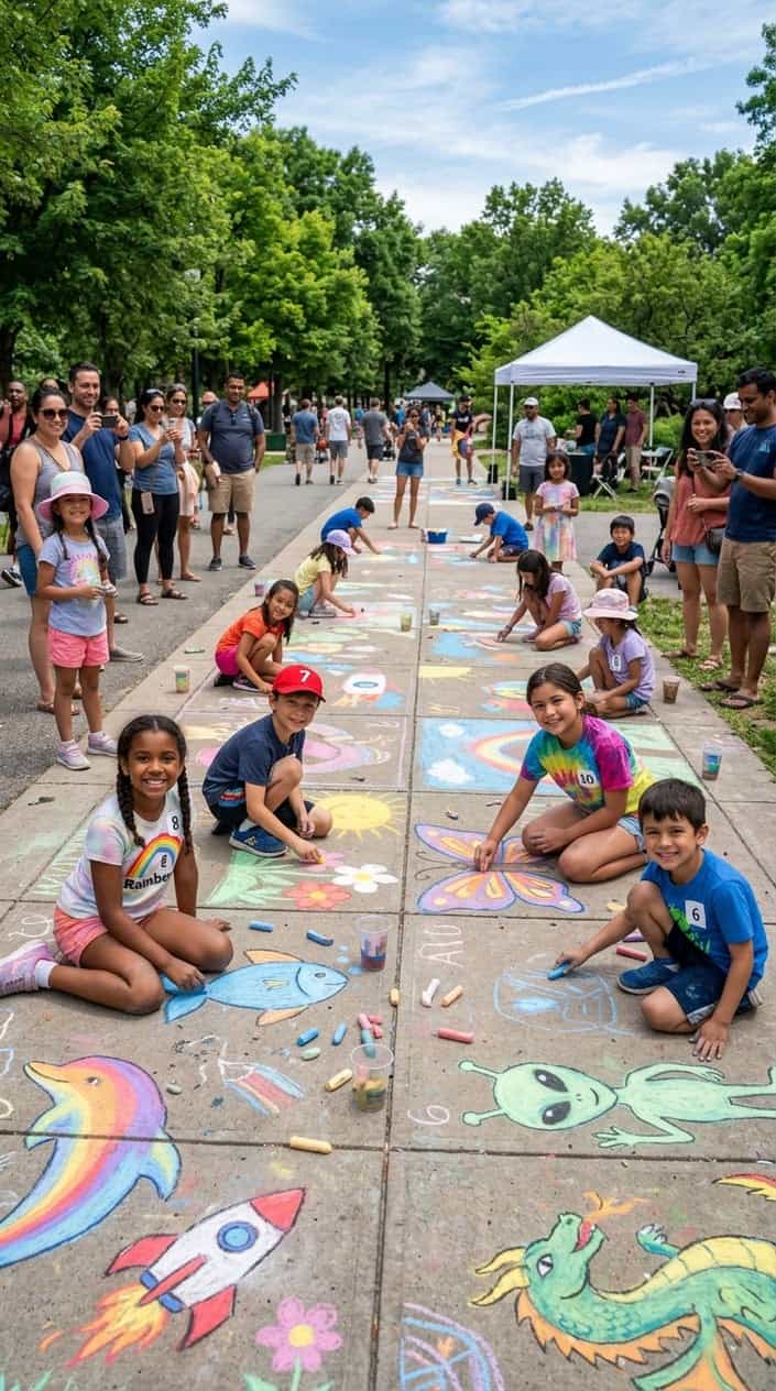 Summer Activities for Kids Beyond Going Outside 14 Children drawing colorful chalk murals on a sidewalk during a sunny summer day with adults watching nearby.