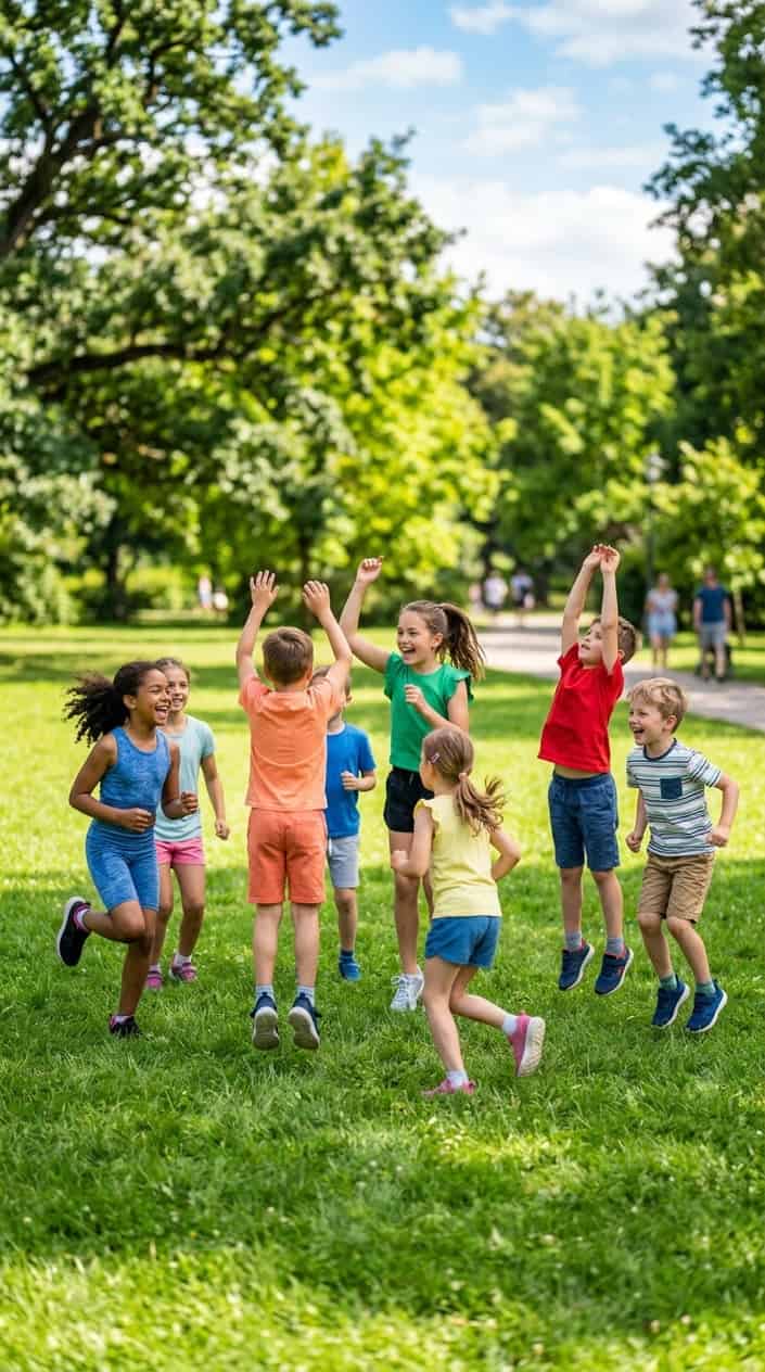 Physical Activities for Kids to Burn Off Energy 20 Children playing an active outdoor game in a park, running and jumping with joyful expressions.