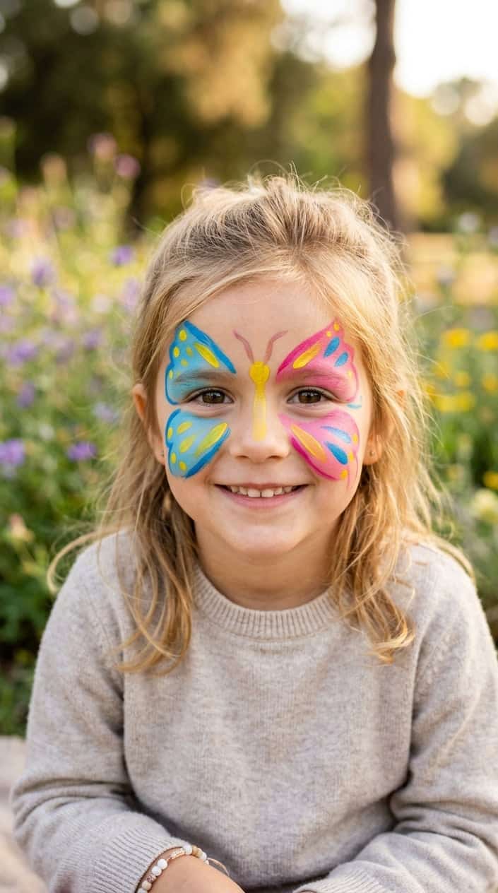 A child smiling with colorful butterfly wings painted on their face.