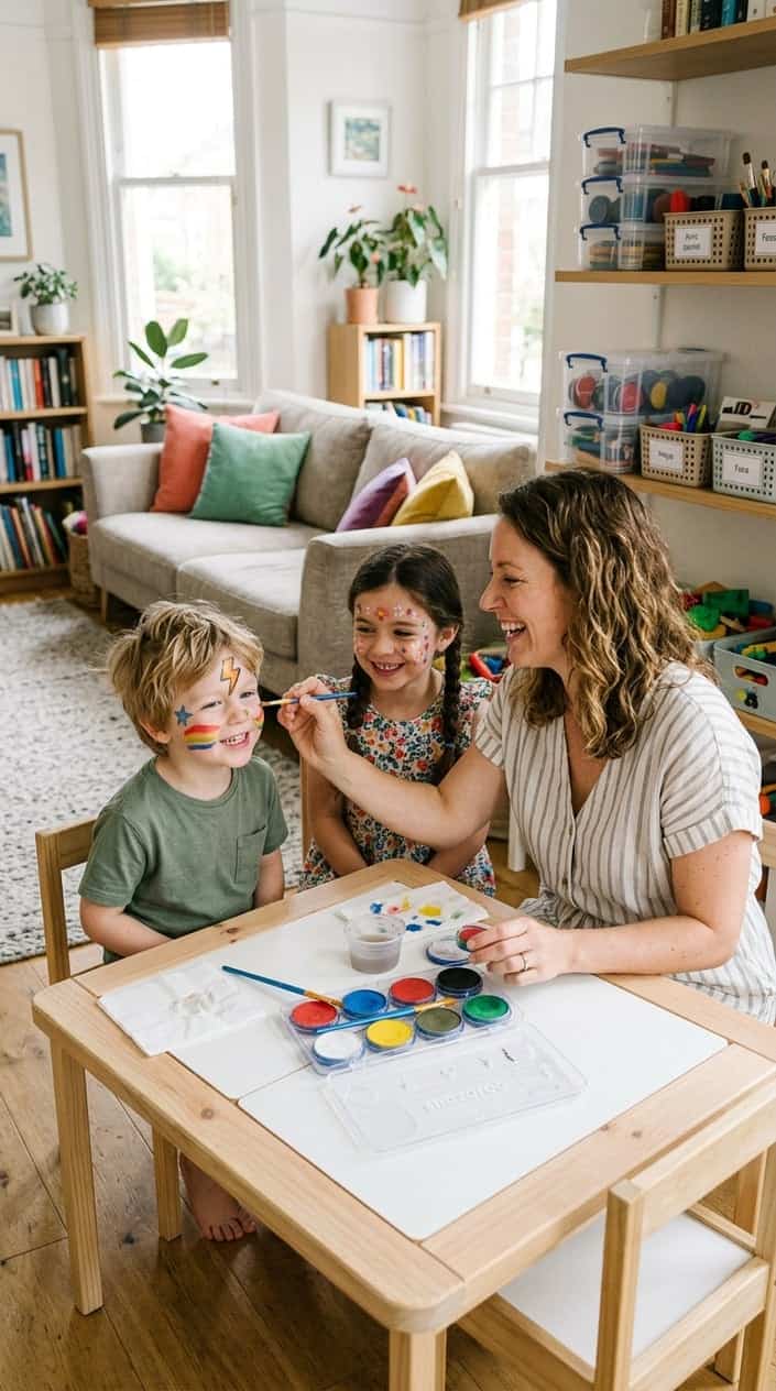 A parent and two children doing simple face painting together with minimal supplies and organized storage in a bright living room.