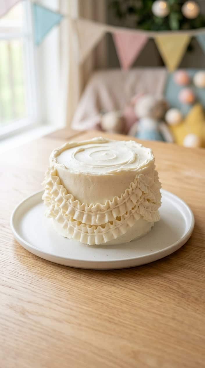 A small round birthday cake with white buttercream ruffles on a white plate on a wooden table.