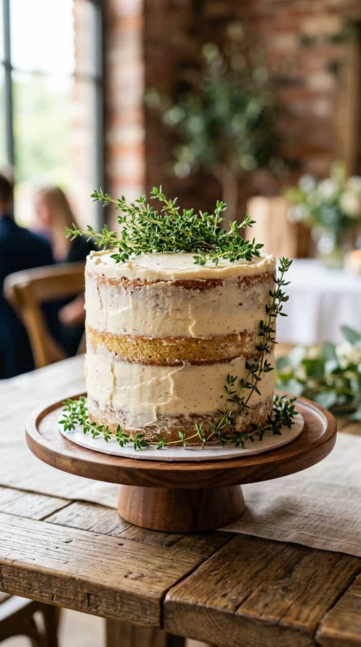 A single-tier semi-naked cake decorated with fresh thyme on a wooden cake stand.