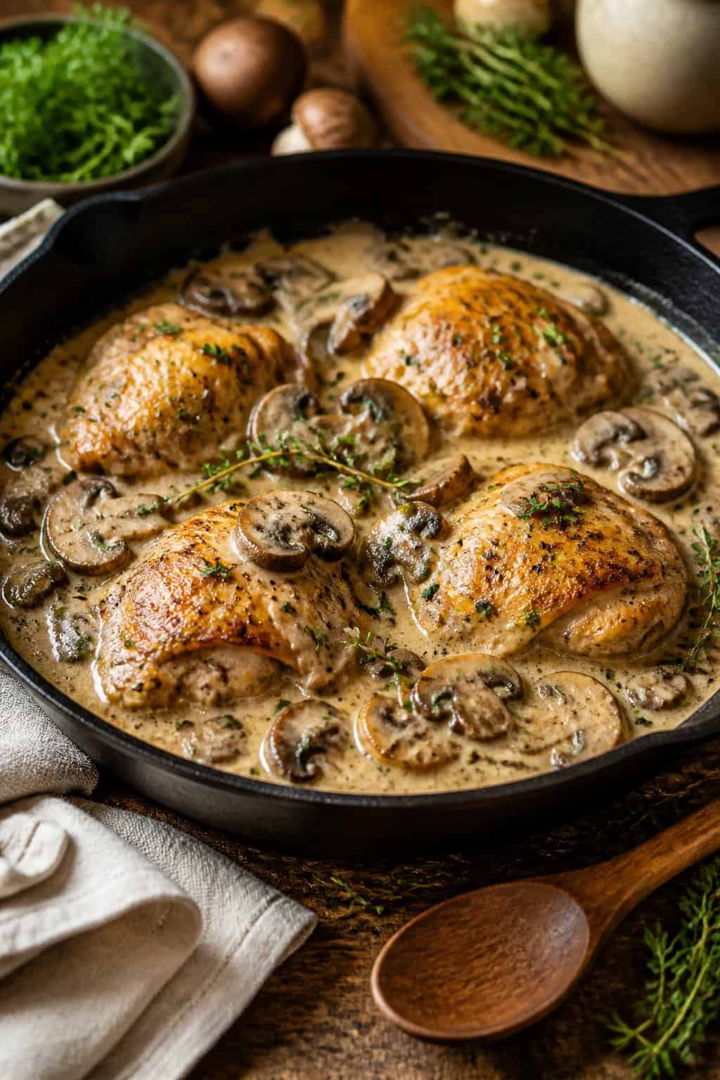A cast iron skillet on a wooden table holding golden-seared chicken thighs nestled in a pale, creamy mushroom sauce with fresh herb sprigs alongside.