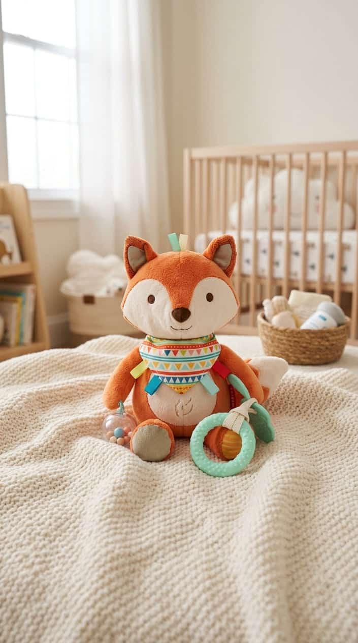 A soft animal-shaped baby toy with a colorful bandana placed on a blanket in a bright nursery.
