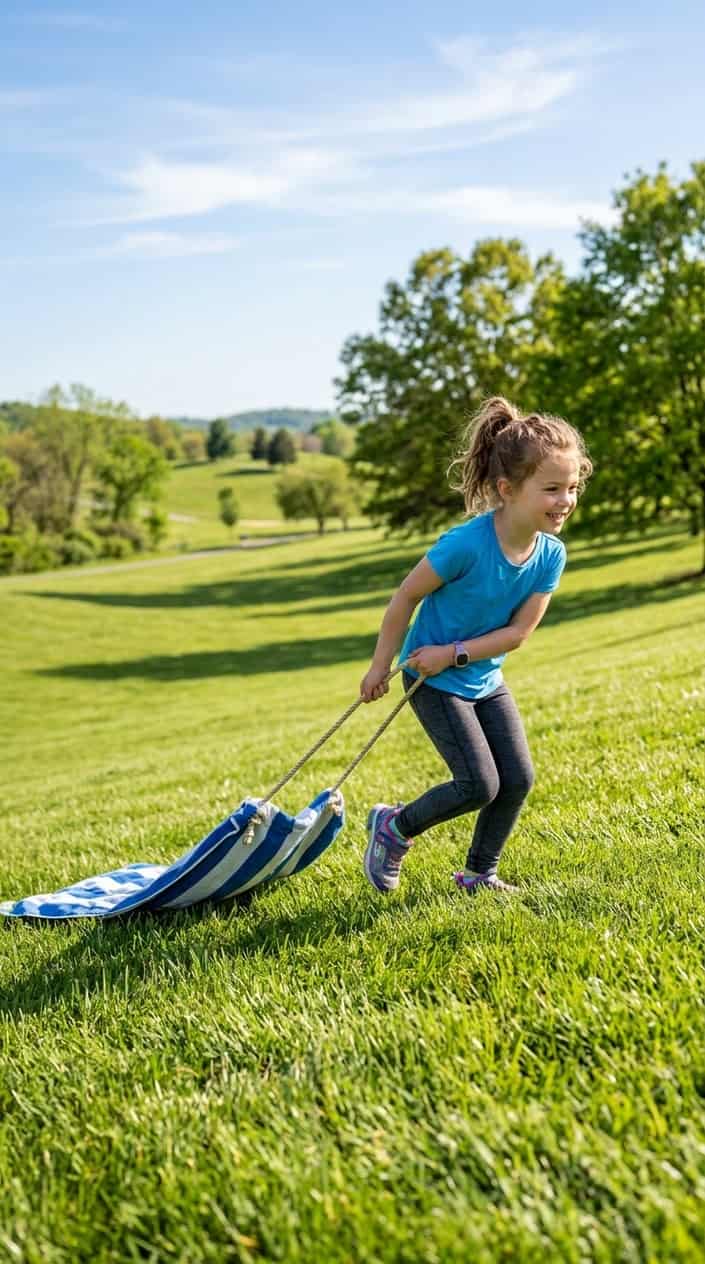 Physical Activities for Kids to Burn Off Energy 21 A child pulling a towel sled up a grassy hill on a sunny day.