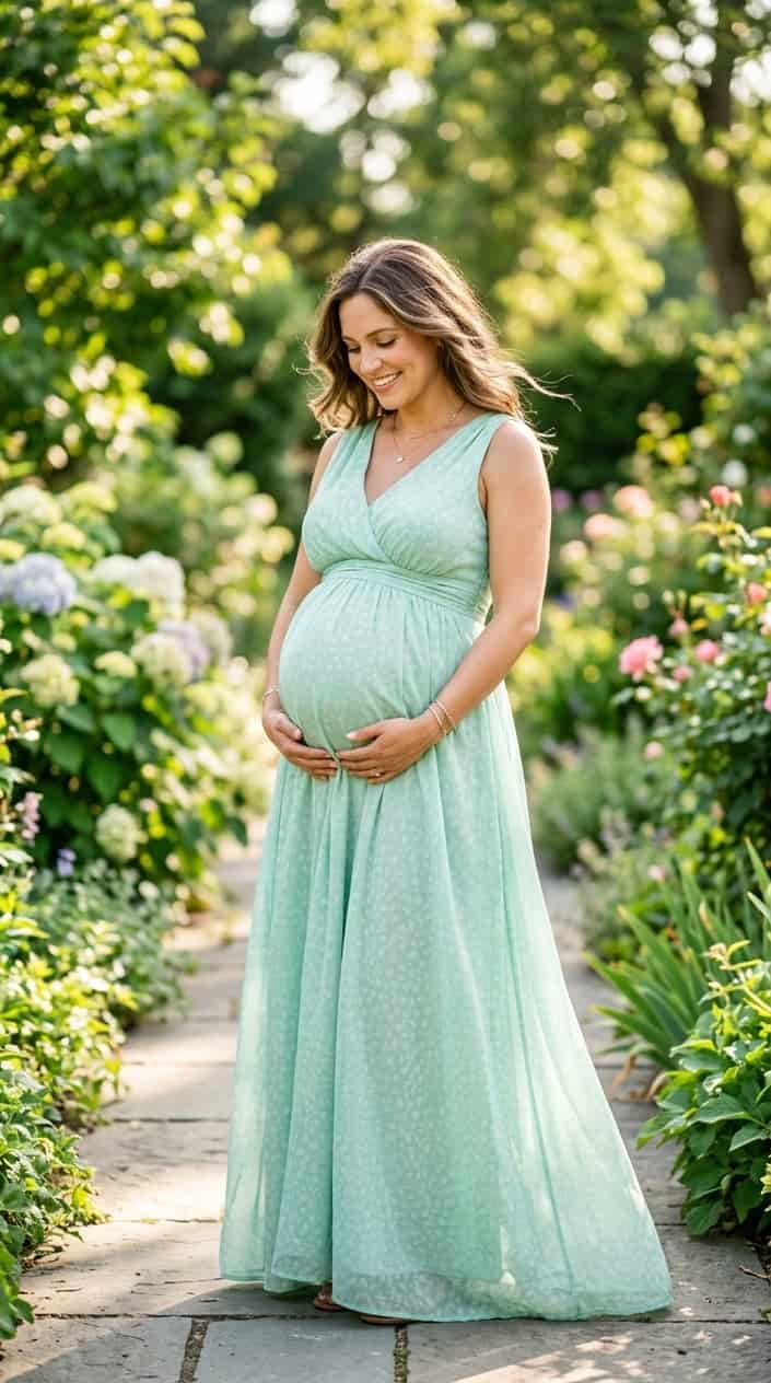Pregnancy Outfits for a Hot Summer 10 A pregnant woman outdoors in a mint green sleeveless maxi dress, gently holding her baby bump and smiling.