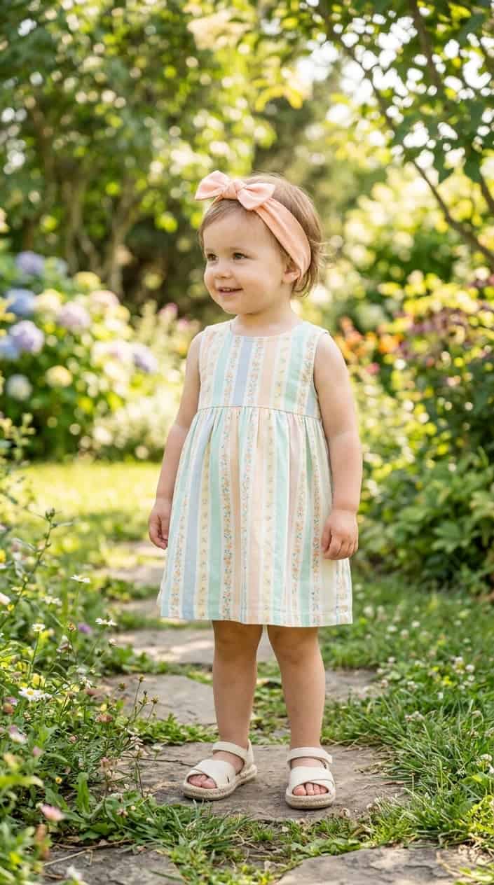 Easy Mix-and-Match Toddler Girl Summer Outfits 9 A toddler girl wearing a sleeveless dress, bow headband, and espadrille sandals standing outside on a sunny day.