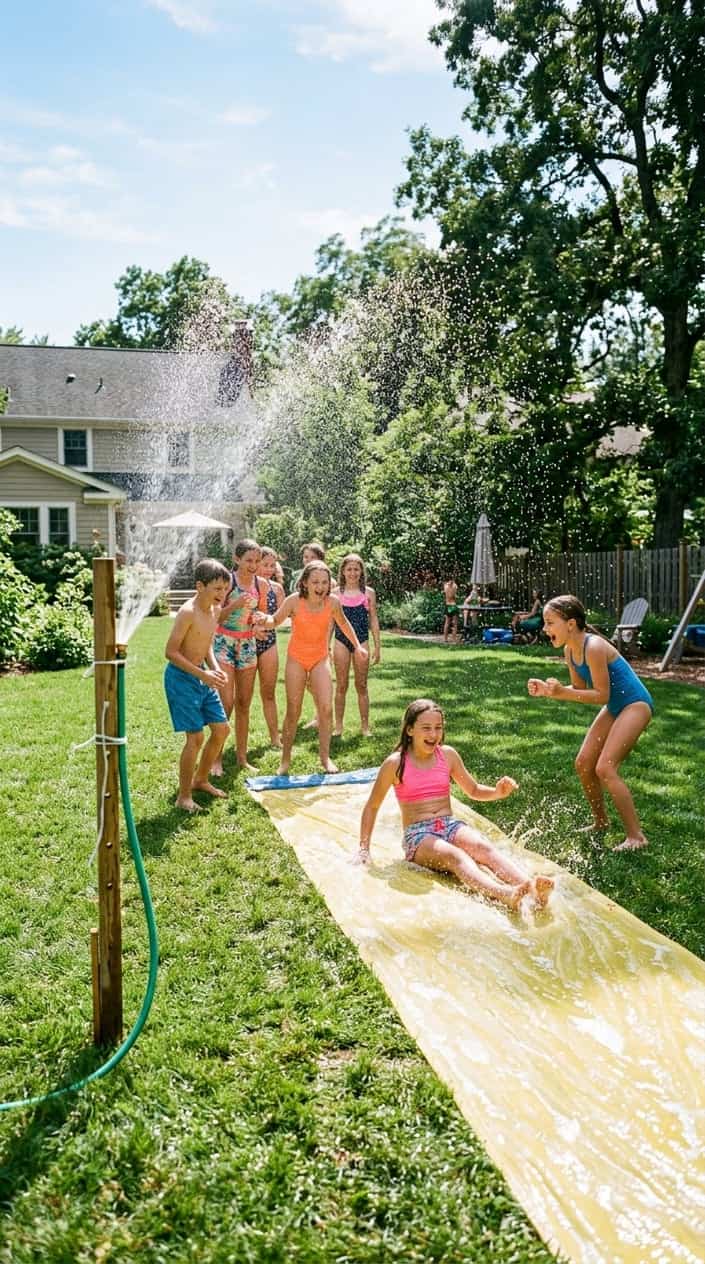 18 Kid-Friendly Outdoor Summer Activities for Tweens and Older Kids 18 Kids in swimsuits sliding across a wet blue tarp in a sunlit backyard, arms stretched out and mouths open, water spraying in arcs above them from a homemade hose sprinkler.